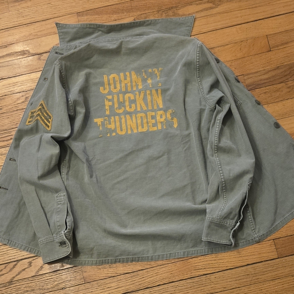 Green Military Style Jacket with Yellow Print